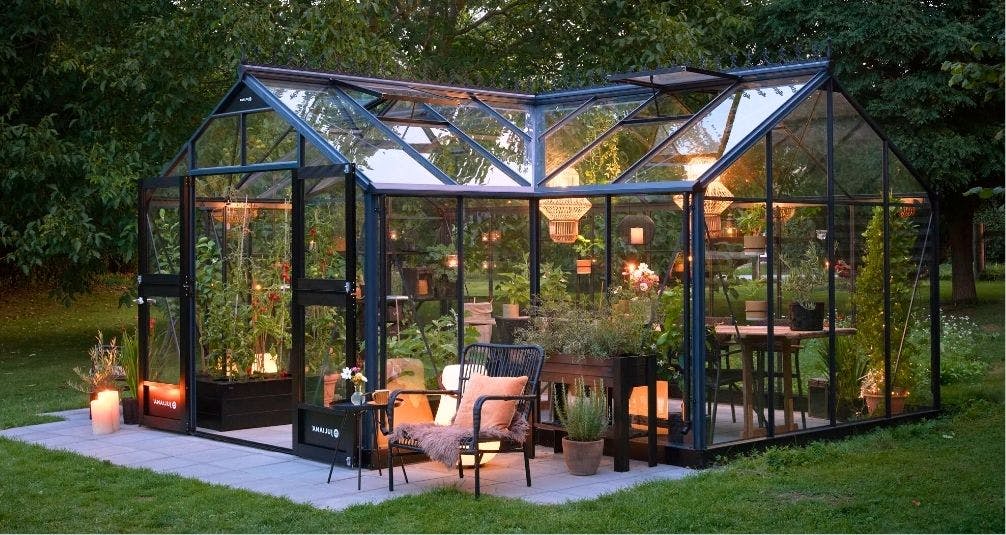 Juliana black greenhouse in twilight