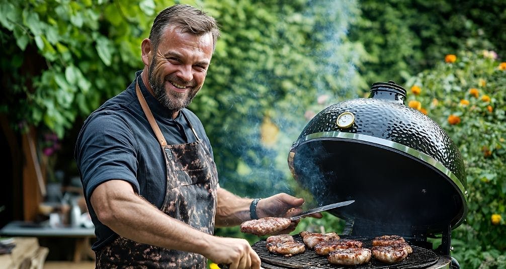 Man cooking burgers on kamado bbq 