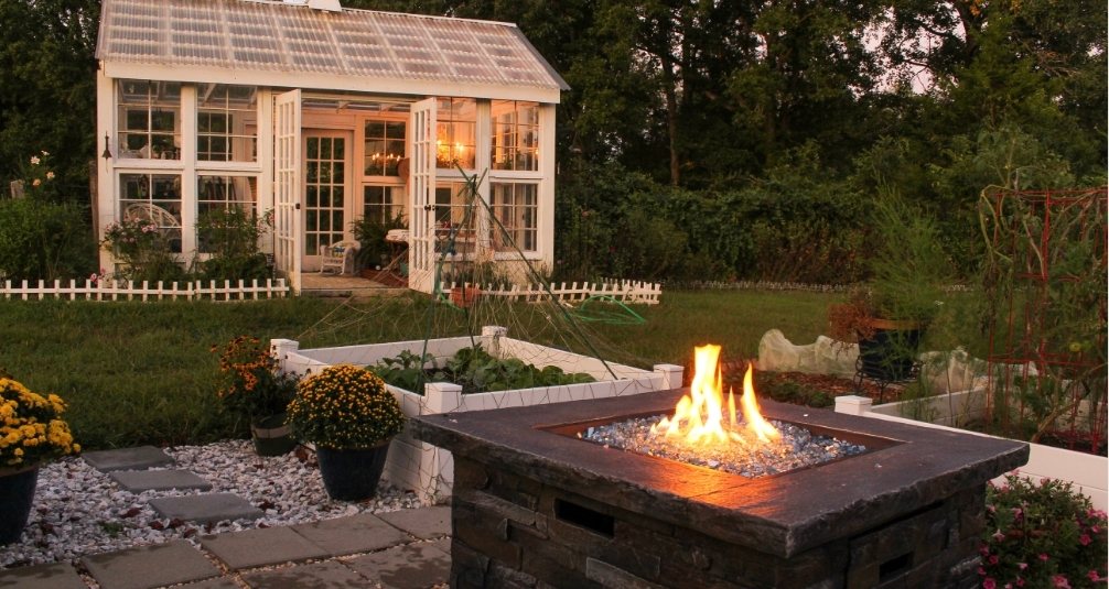 Outdoor room in evening light with firepit 