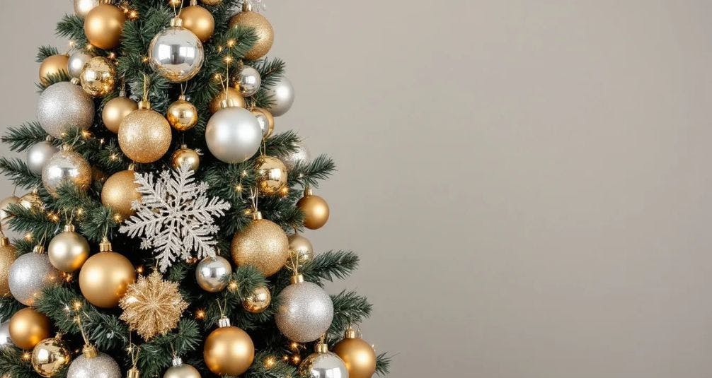 A beautifully decorated Christmas tree showcases a professional layering technique with mixed metallic ornaments in gold and silver, creating a cohesive theme that adds visual interest to the festive season. The tree is adorned with classic baubles and finishing touches, making it a stunning example of Christmas tree decorations.