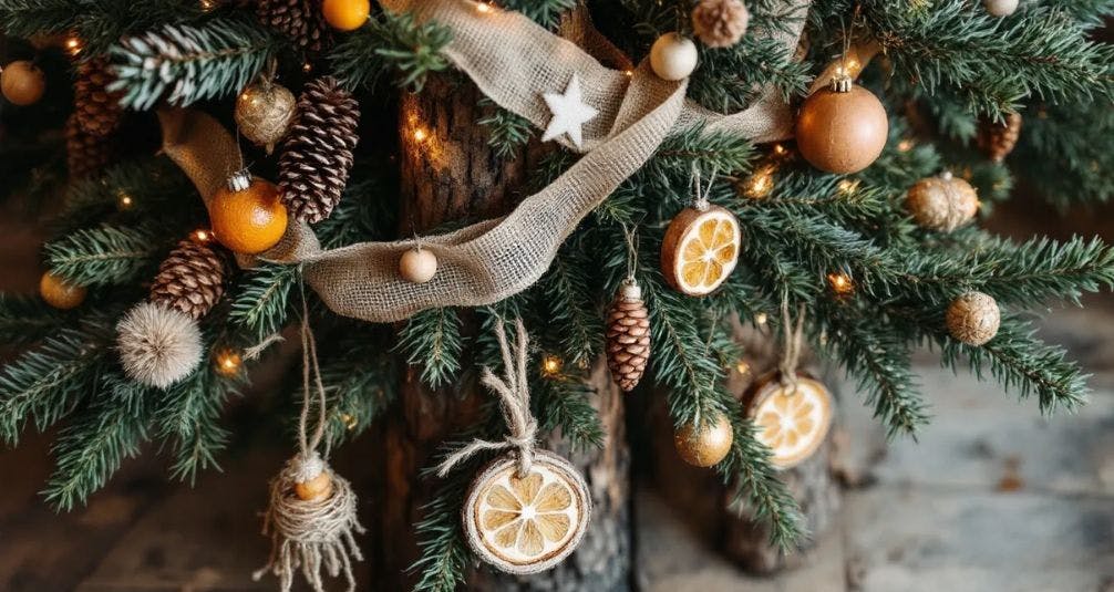 A rustic woodland Christmas tree is beautifully decorated with pinecones, burlap ribbon, and natural ornaments, showcasing a layered depth that adds visual interest. The combination of textures and traditional decorations creates a warm and inviting festive atmosphere.
