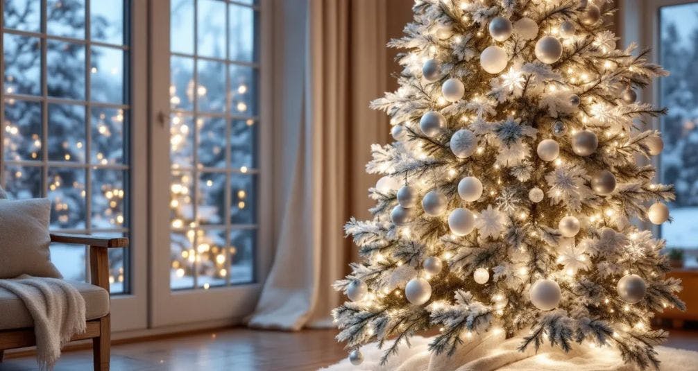 A beautifully decorated winter wonderland Christmas tree features flocked branches adorned with white and silver decorations, including classic baubles and ribbons, all illuminated by cool white LED lights to create a magical snowy atmosphere. The tree stands elegantly on a soft tree skirt, embodying the festive season's charm with its cohesive theme and visual interest.