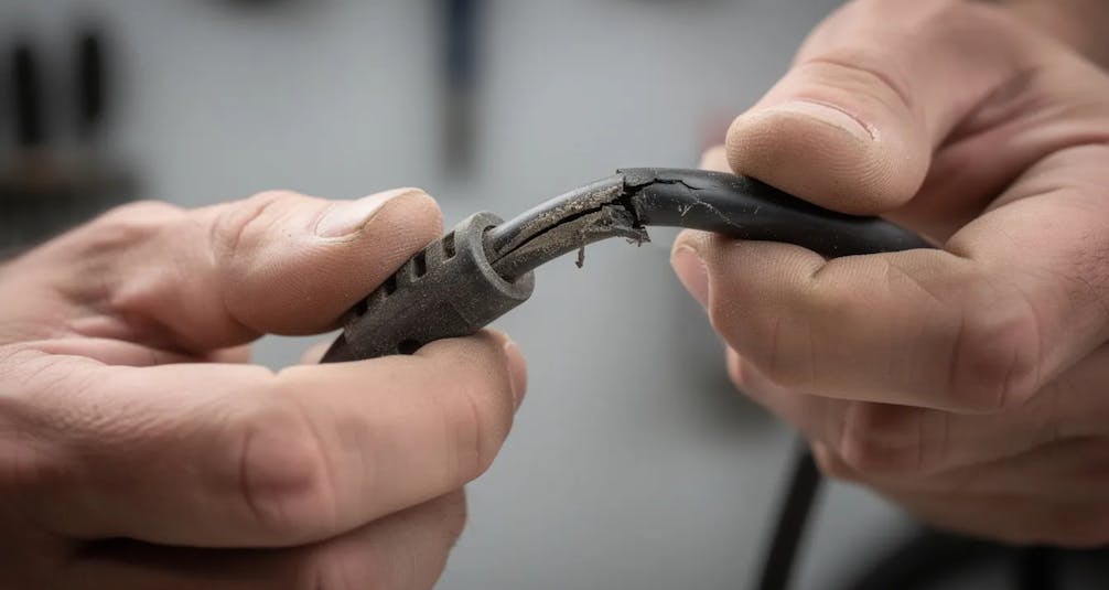 examining frayed power cable