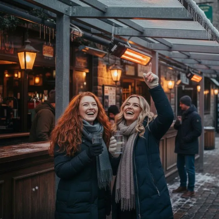 people in outside area with an infared heater