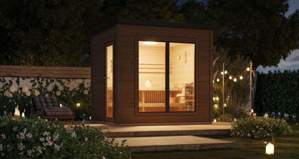 Wooden Sauna In Garden at Night