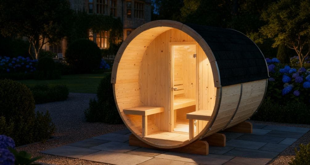 Wooden Barrel Sauna In Garden at Night