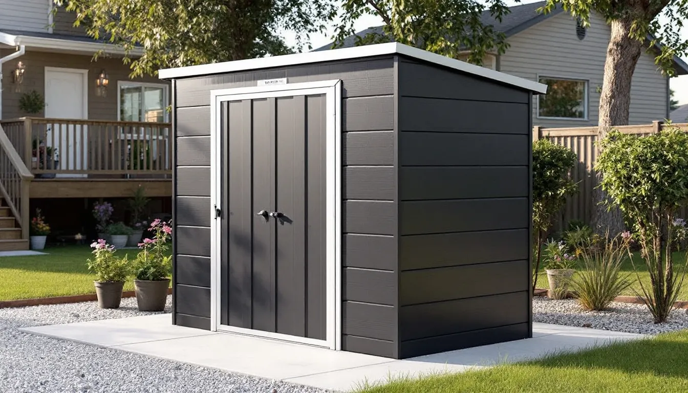 The image features a Biohort Europa Metal Garden Shed, showcasing a sturdy and weather-resistant design ideal for outdoor storage solutions in smaller gardens. 