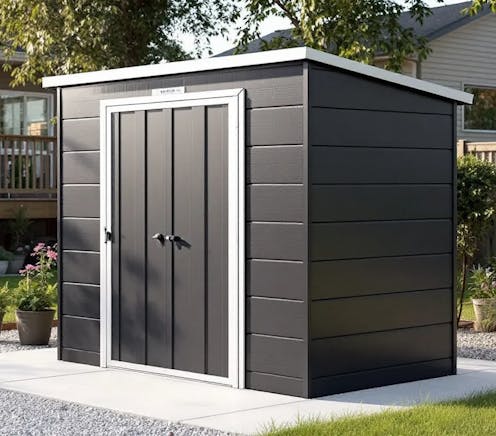 The image features a Biohort Europa Metal Garden Shed, showcasing a sturdy and weather-resistant design ideal for outdoor storage solutions in smaller gardens.