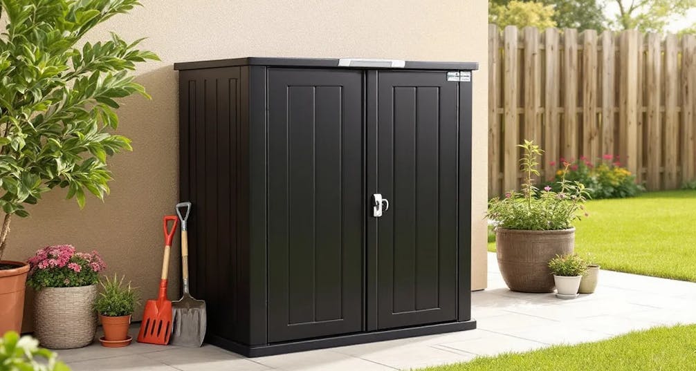 The image features a Biohort Outdoor Garden Storage Equipment Cabinet, designed for outdoor space