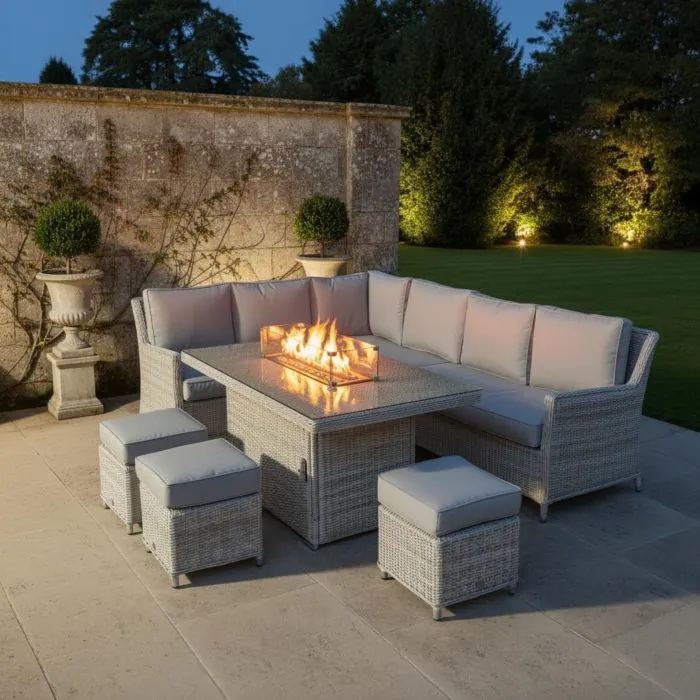 Outdoor seating set evening setting with firepit