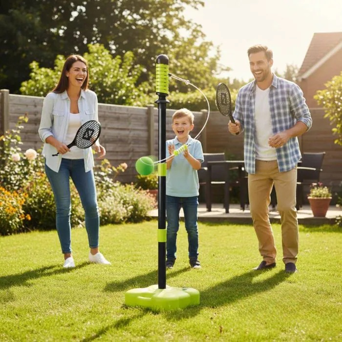 Family playing swing ball in garden 