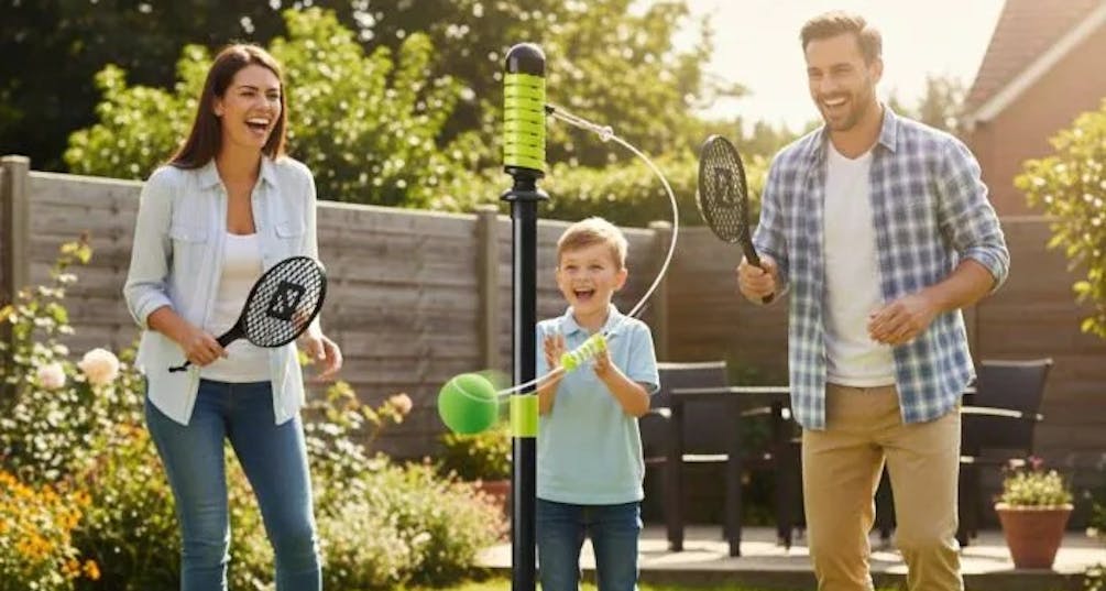 Family playing swing ball in garden