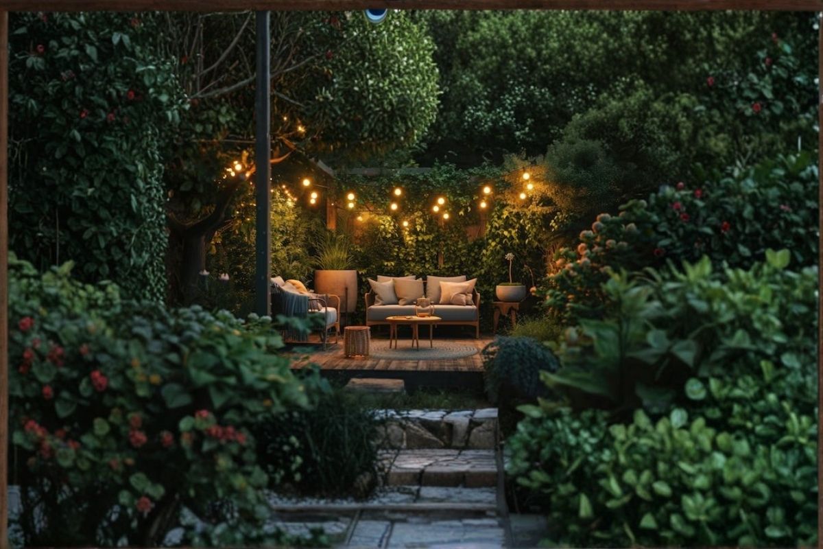 Outdoor furniture with lighting in an evening garden setting
