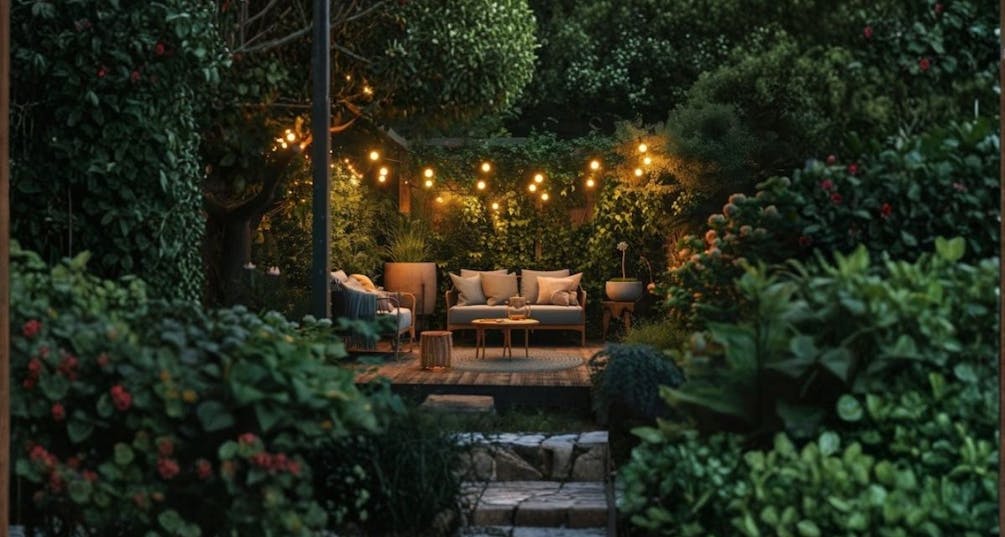 Outdoor furniture with lighting in an evening garden setting
