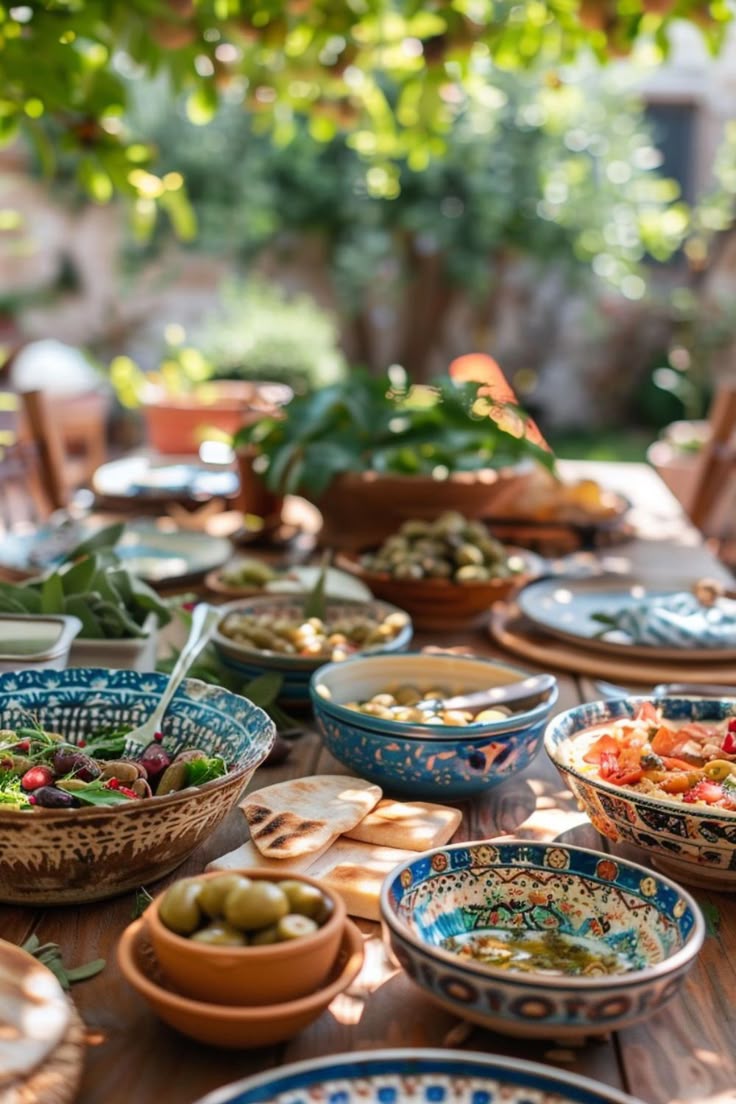 garden party table laden with food