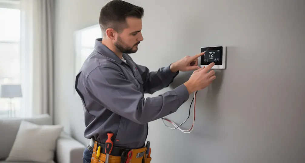Engineer installing a smart thermostat