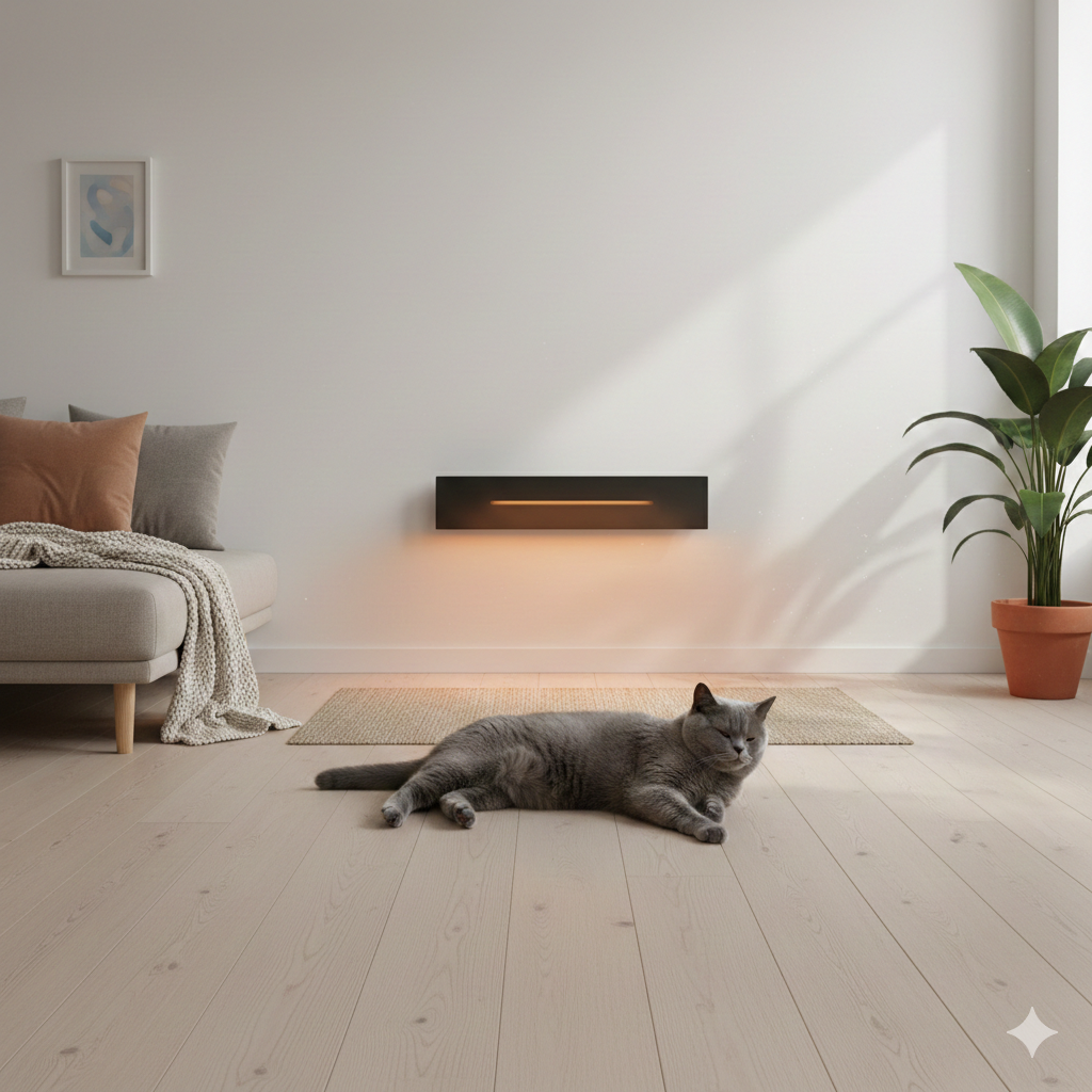 Contemporary heater in a living room with a cat lying in front of the heater