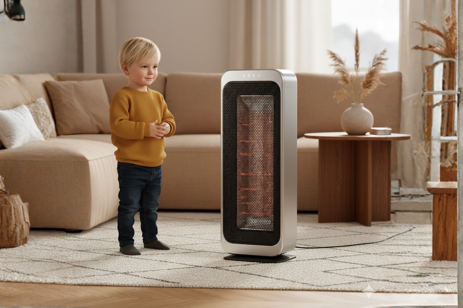 Child standing beside a free standing electric heater