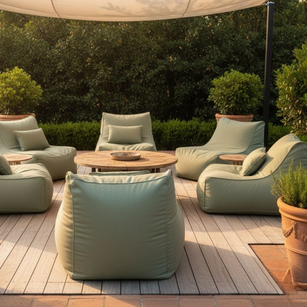 Sage green beanbags around a wooden table under an outdoor awning