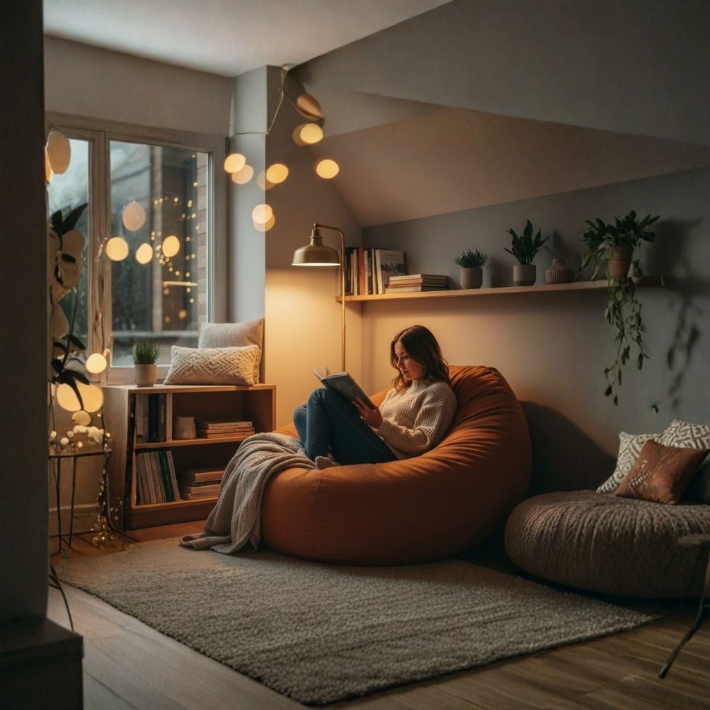 Woman reading in a cozy nook on a large beanbag