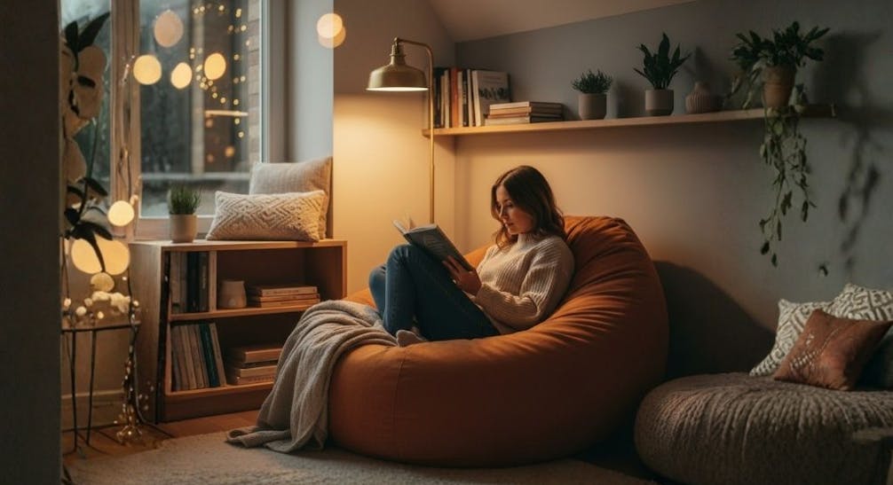 Woman reading in a cozy nook on a large beanbag