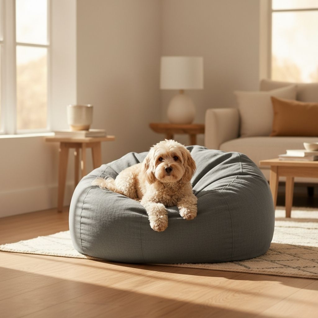 cute dog on a bean bag in living room
