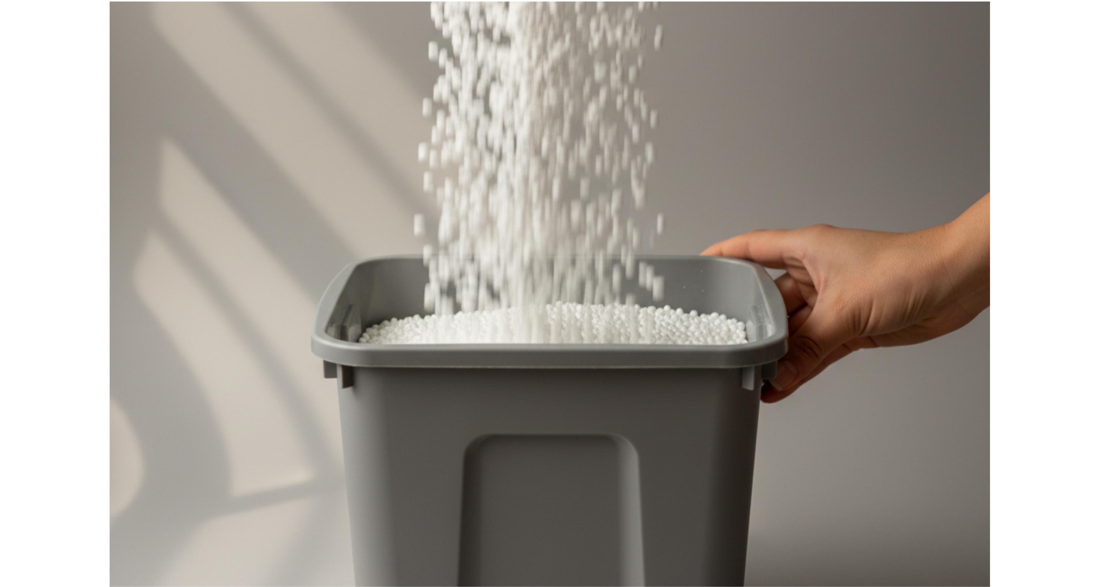 Beanbag bead filling being poured into a grey plastic container