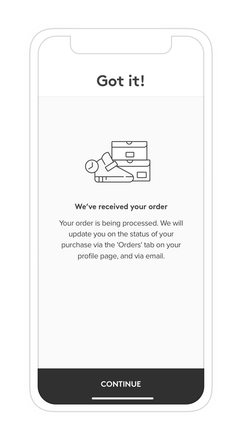 Sneaker Con app order confirmed screen