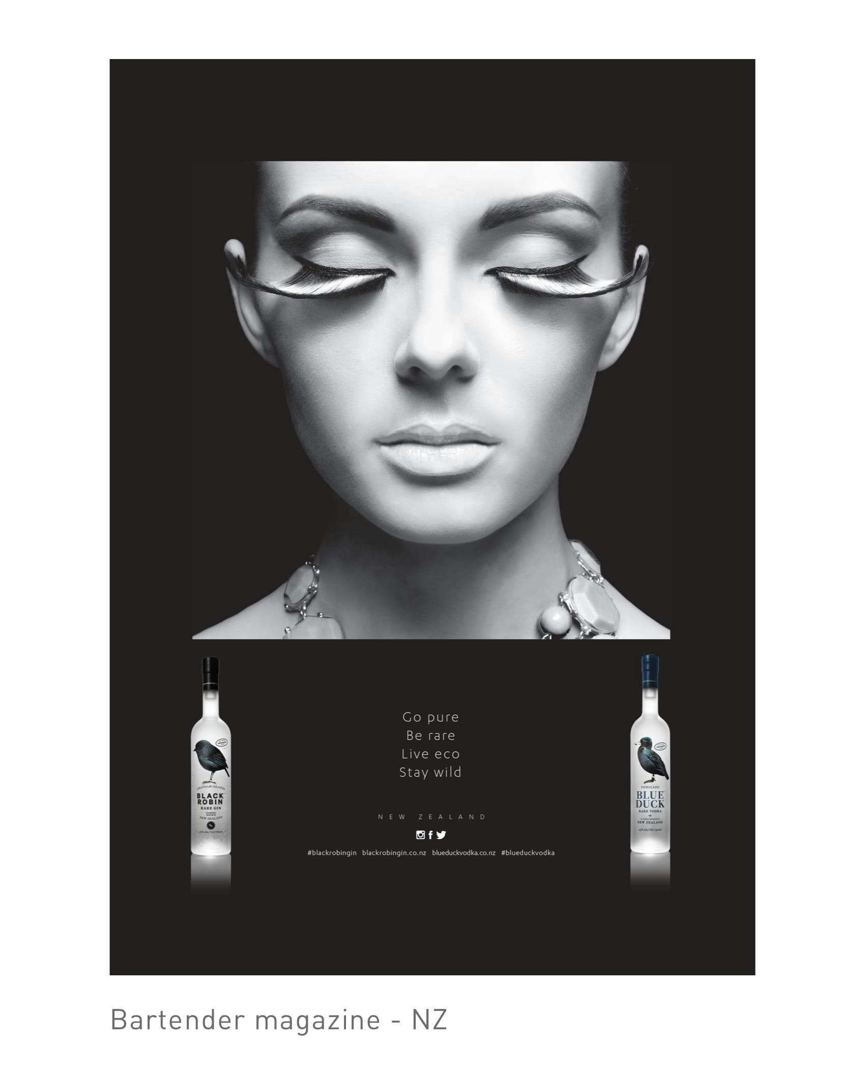 Magazine ad for Blue Duck Vodka and Black Robin Gin