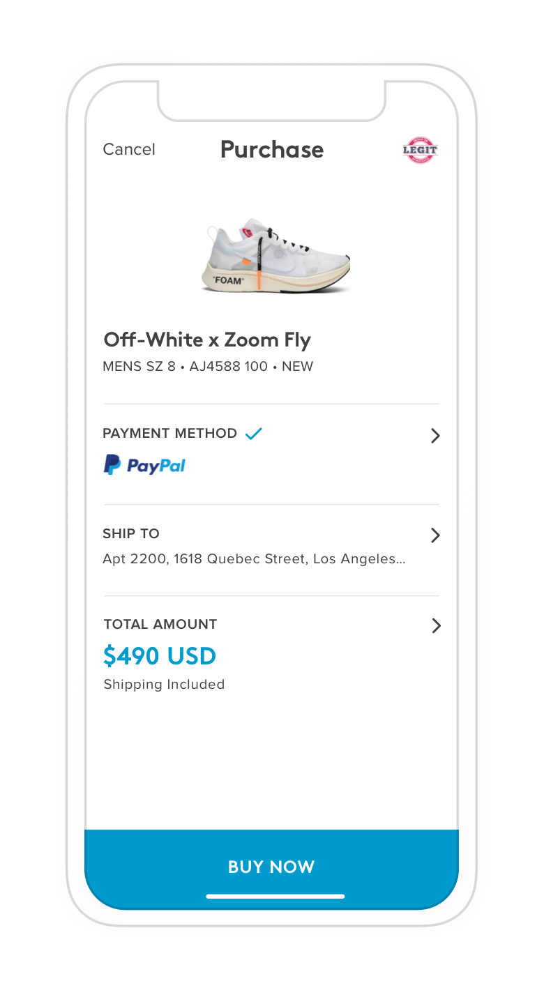 Sneaker Con app confirm sell screen