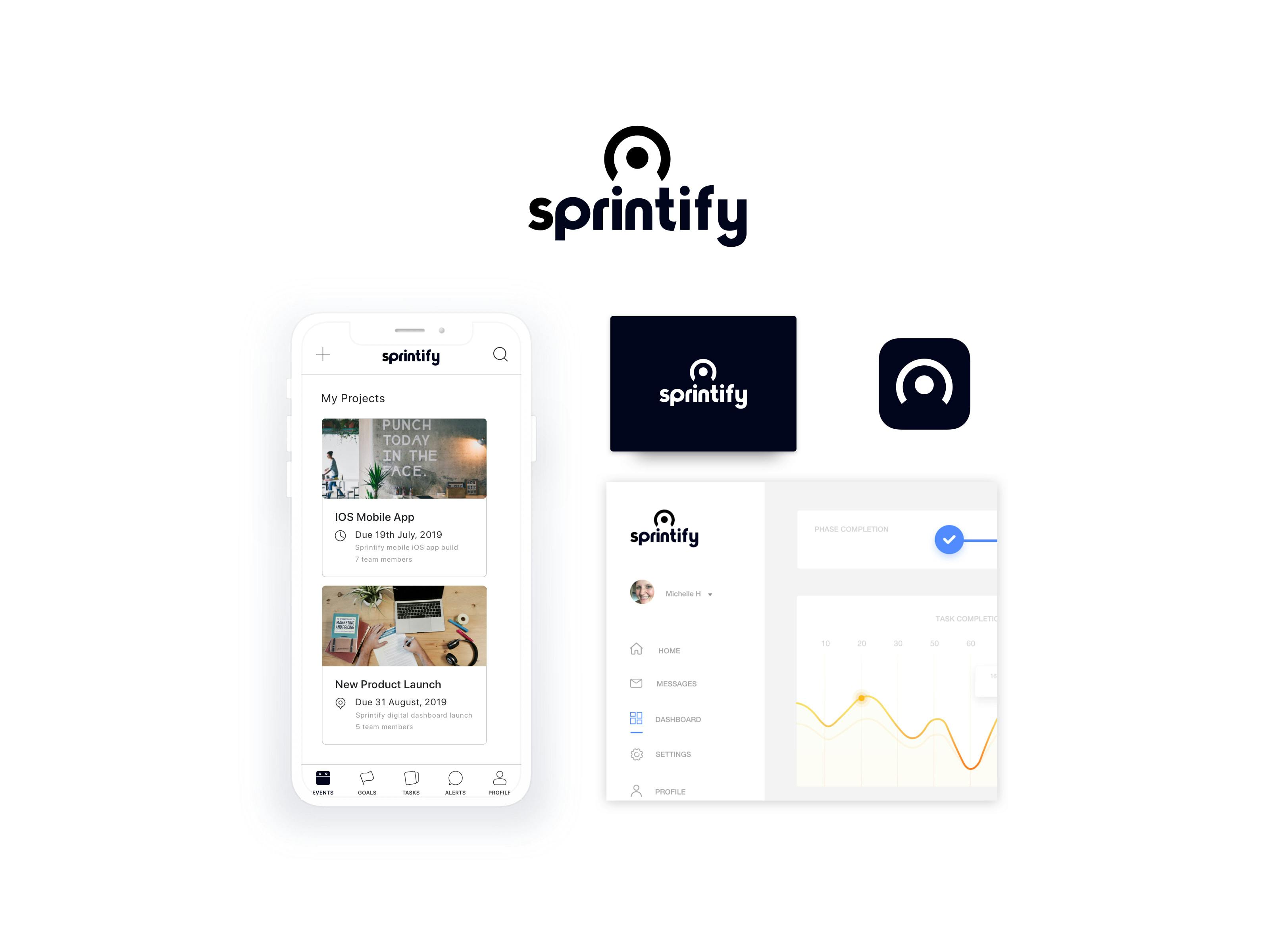 The final Sprintify logo on digital mock-ups