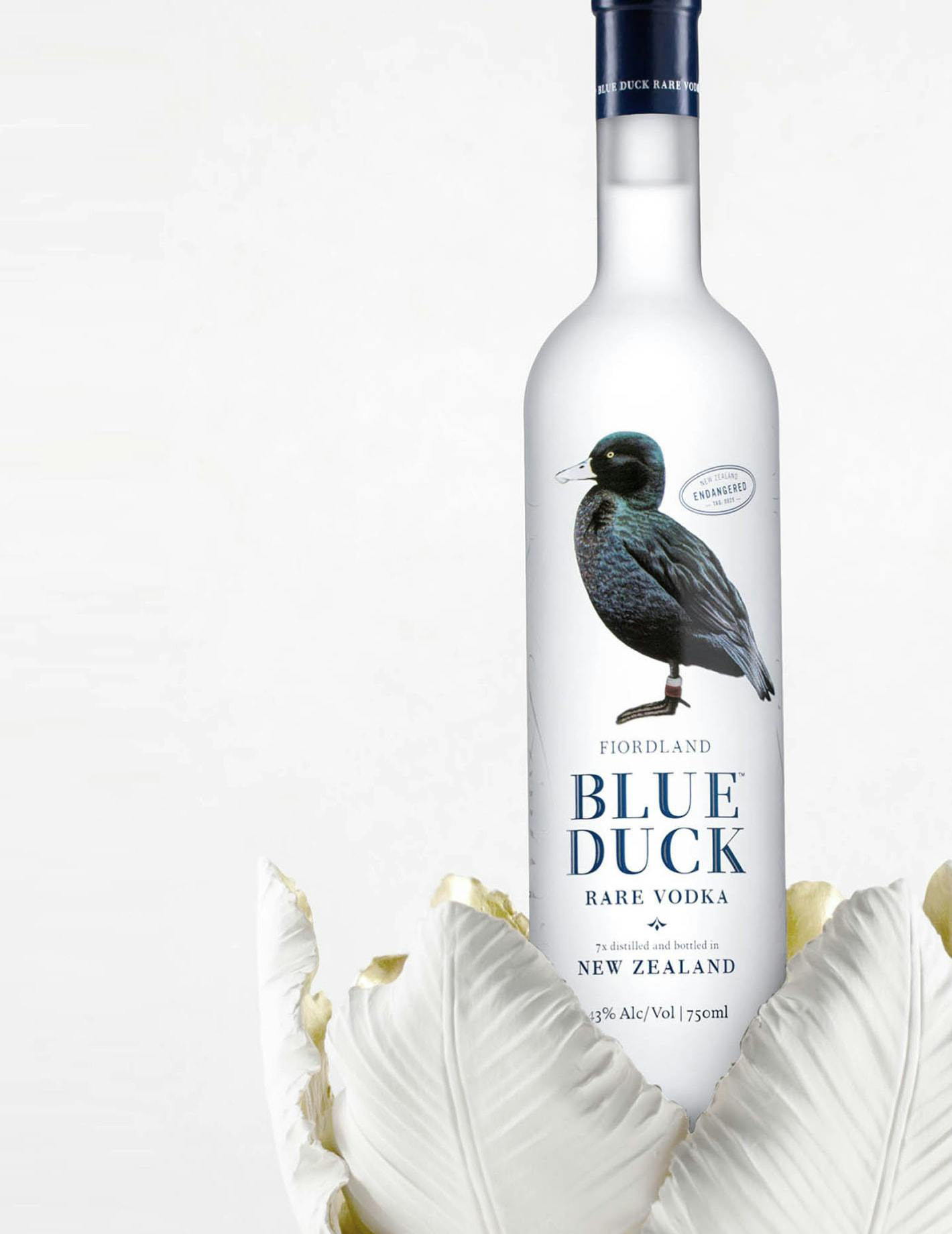 Blue Duck Vodka bottle in artistic vase display