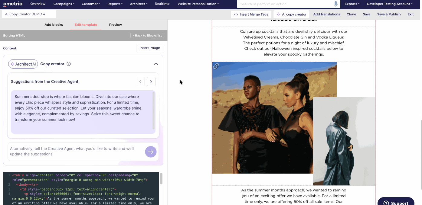 Ometria Architect AI copy suggestions