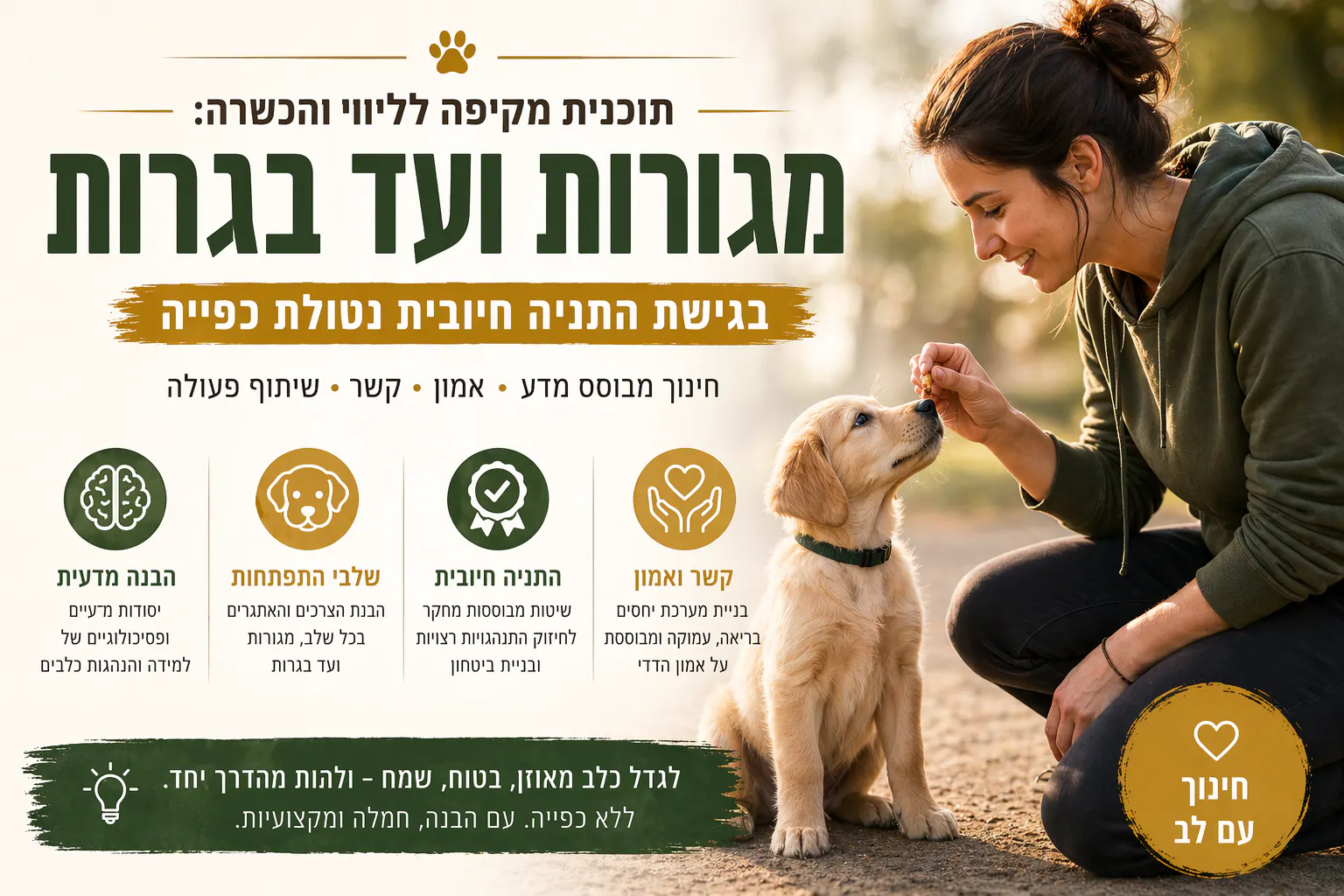 אילוף גורים ומתבגרים בשיטה חיובית: מדריך מלא מגיל ינקות ועד בגרות