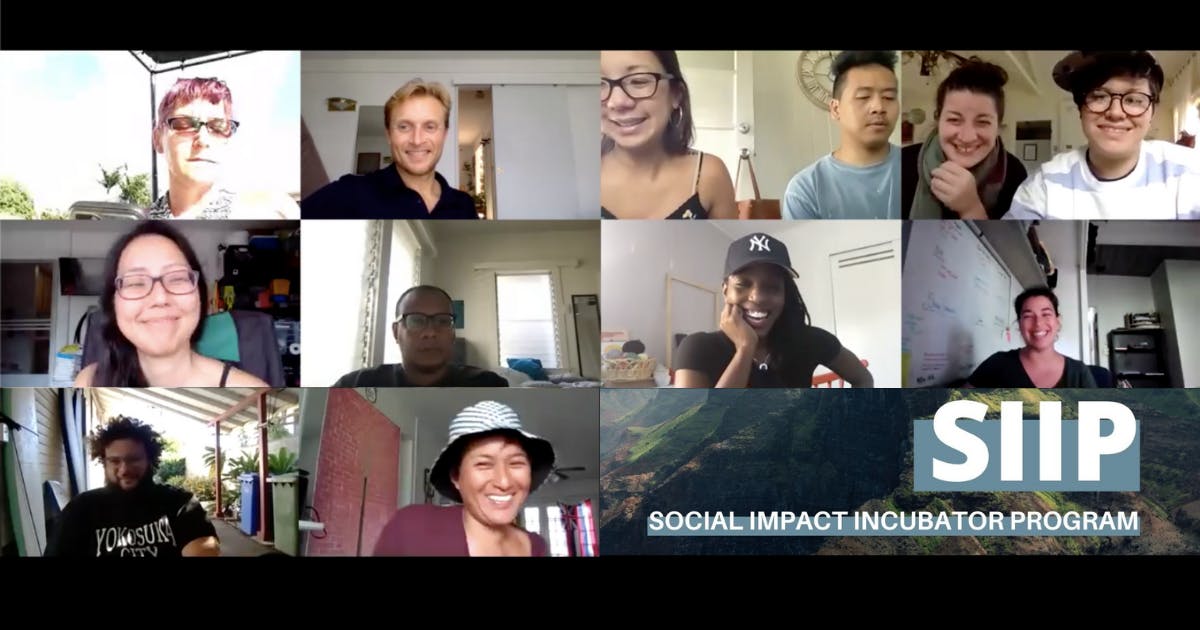 Image of people on a Zoom conference with Social Impact Incubator Program logo