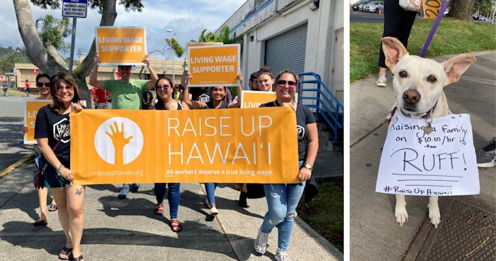A group of living wage supporters gather at a rally in Honolulu.