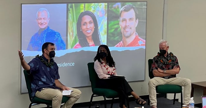 Photo of Josh Stanbro, Maxine Burkett, and former Mayor Kirk Caldwell