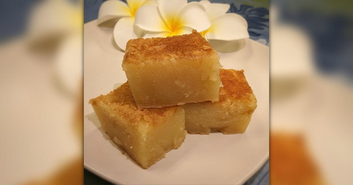 Photo of three pieces of butter mochi on a plate