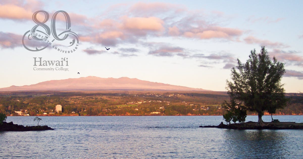 Photo of Hilo Bay with Hawai‘i Community College's 80th Anniversary Logo