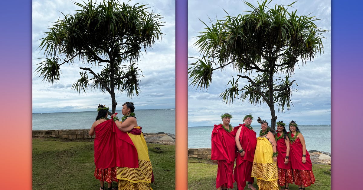 Photo of Diane Paloma with others in her hālau hula