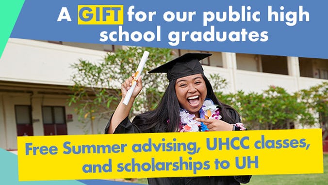 Image of high school graduate with the text "A GIFT for our public high school graduates: Free Summer advising, UHCC classes, and scholarships to UH"