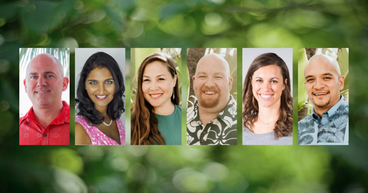 Composite photo of Forest Frizzell, Sulma Gandhi, Meli James, Kalani Ka‘anā‘anā, Dawn Lippert, Kūha‘o Zane