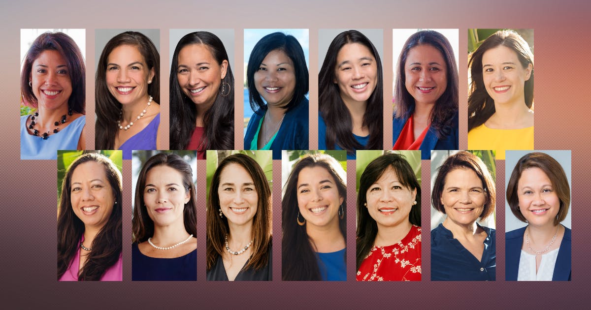 Composite photo of Donalyn Dela Cruz, Pualani Enos, Mālia Kaʻaihue, Leila Kagawa, Nalani Kaina, Ka‘iu Kimura, Aki Marceau, Kapā Oliveira, Emily Porter, Chris Sakuda, Stephanie Shipton, Rachel Solemsaas, Karen Tan, and Stephany Vaioleti