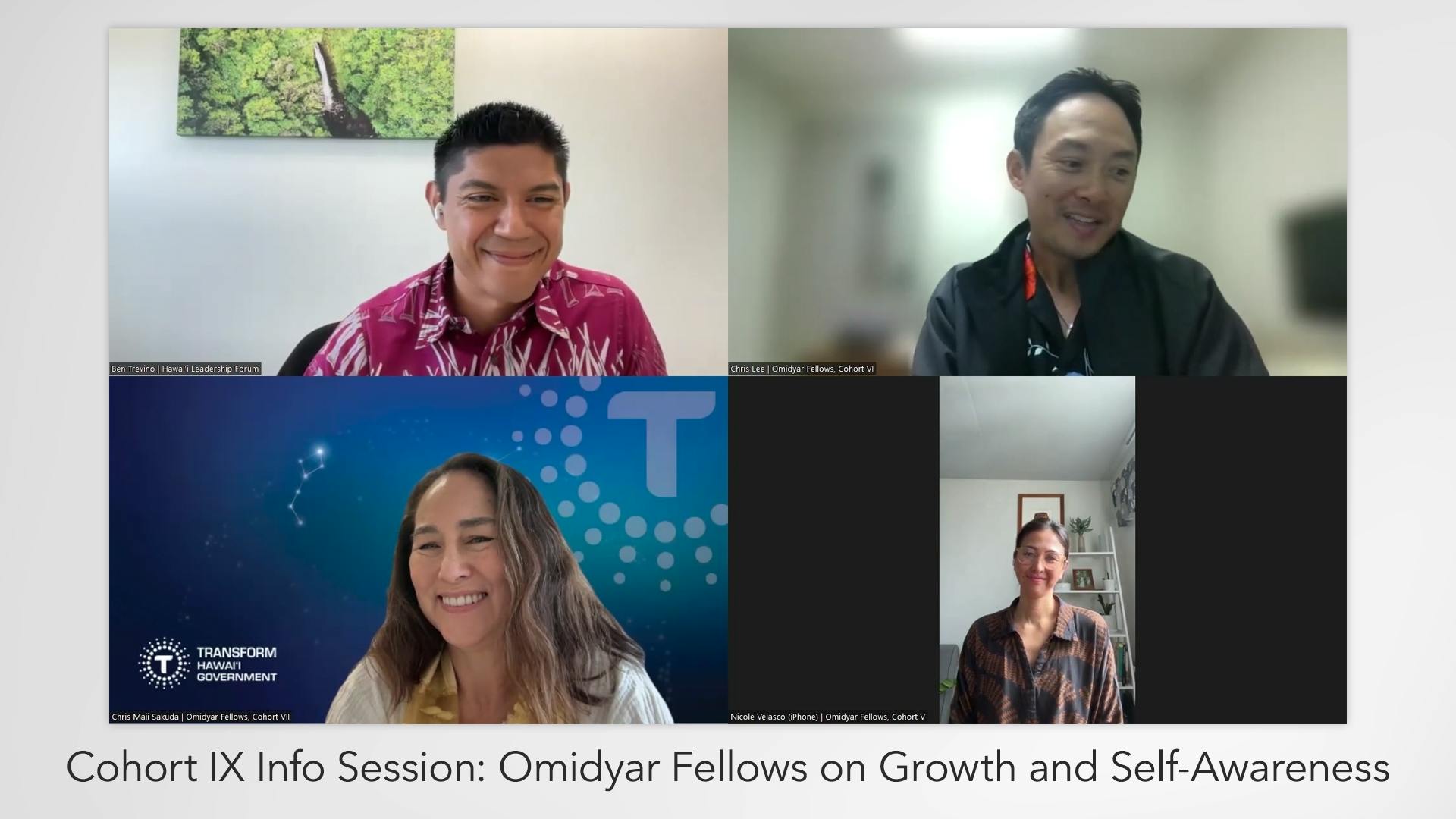 Image of Ben Treviño, Chris Lee, Chris Sakuda, and Nicole Velasco with text that reads "Cohort 9 Info Session: Omidyar Fellows on Growth and Self-Awareness