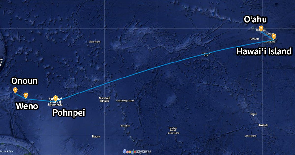 Map of Onoun, Weno, and Pohnpei islands in the Federated States of Micronesia, and Hawai‘i Island and O‘ahu, Hawai‘i