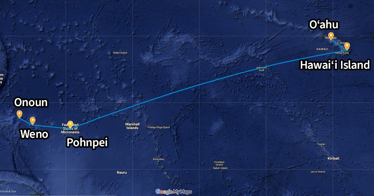 Map of Onoun, Weno, and Pohnpei islands in the Federated States of Micronesia, and Hawai‘i Island and O‘ahu, Hawai‘i 