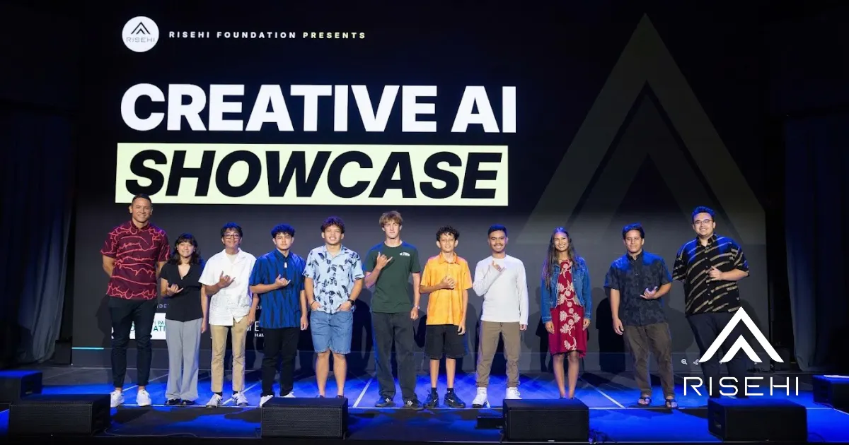 A group of students stand on stage in front of a large presentation screen that reads "RISEHI Foundation Presents Creative AI Showcase"