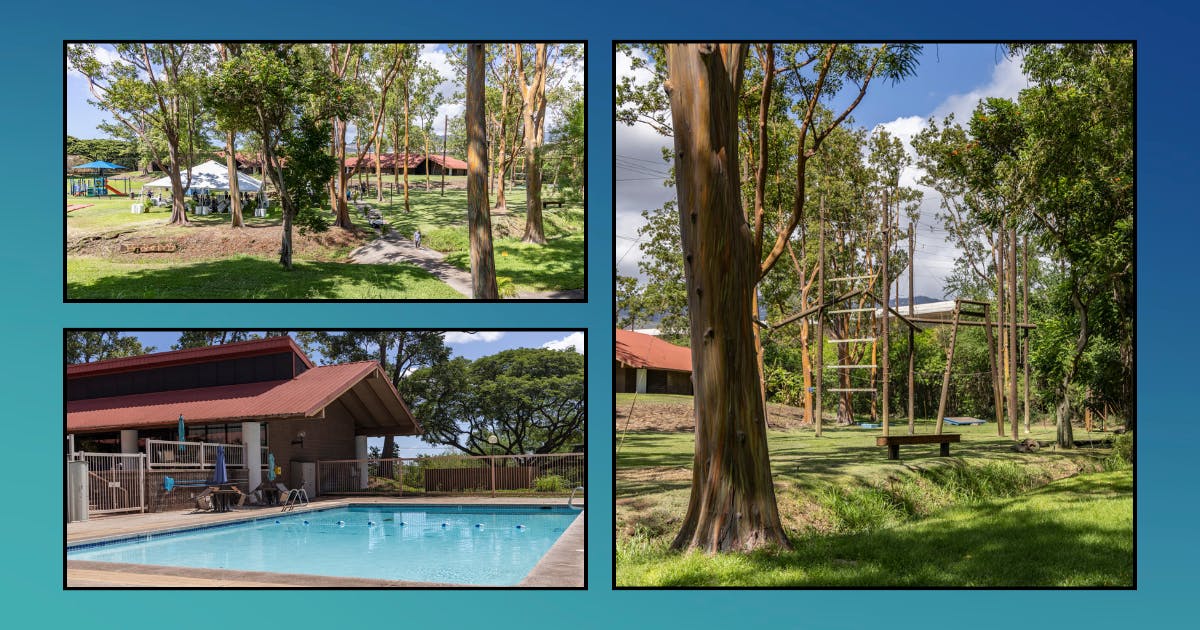 Photo composite of outdoor area, swimming pool, and ropes course at Queen's Kahi Mohala campus