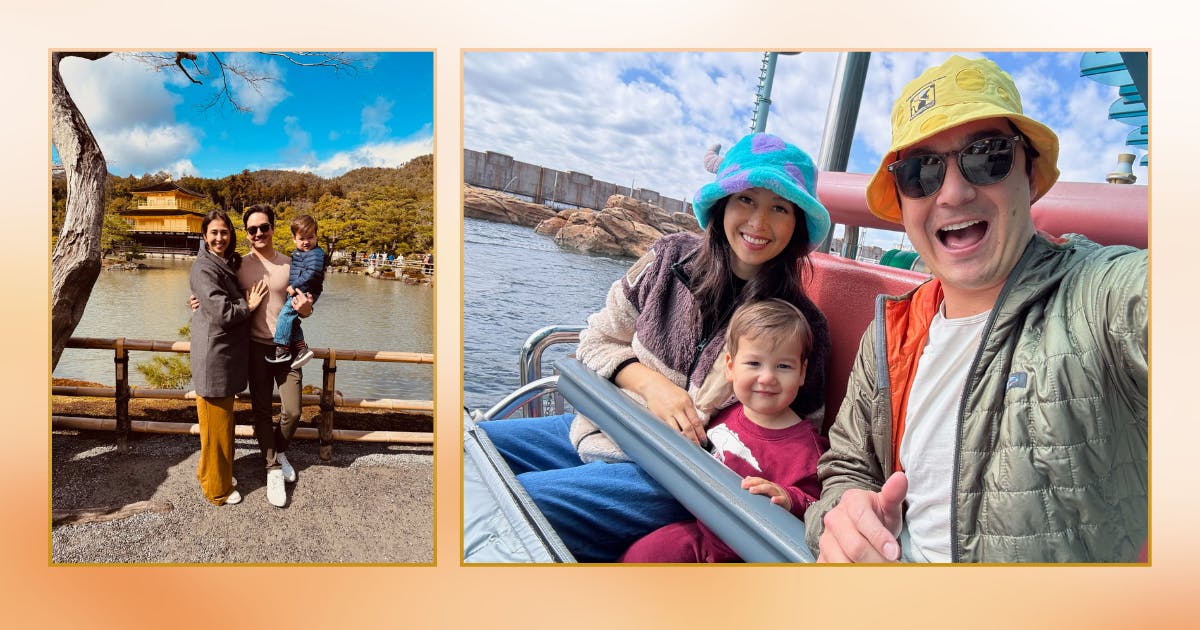 Composite of photos of Nicole Velasco, her husband, and toddler