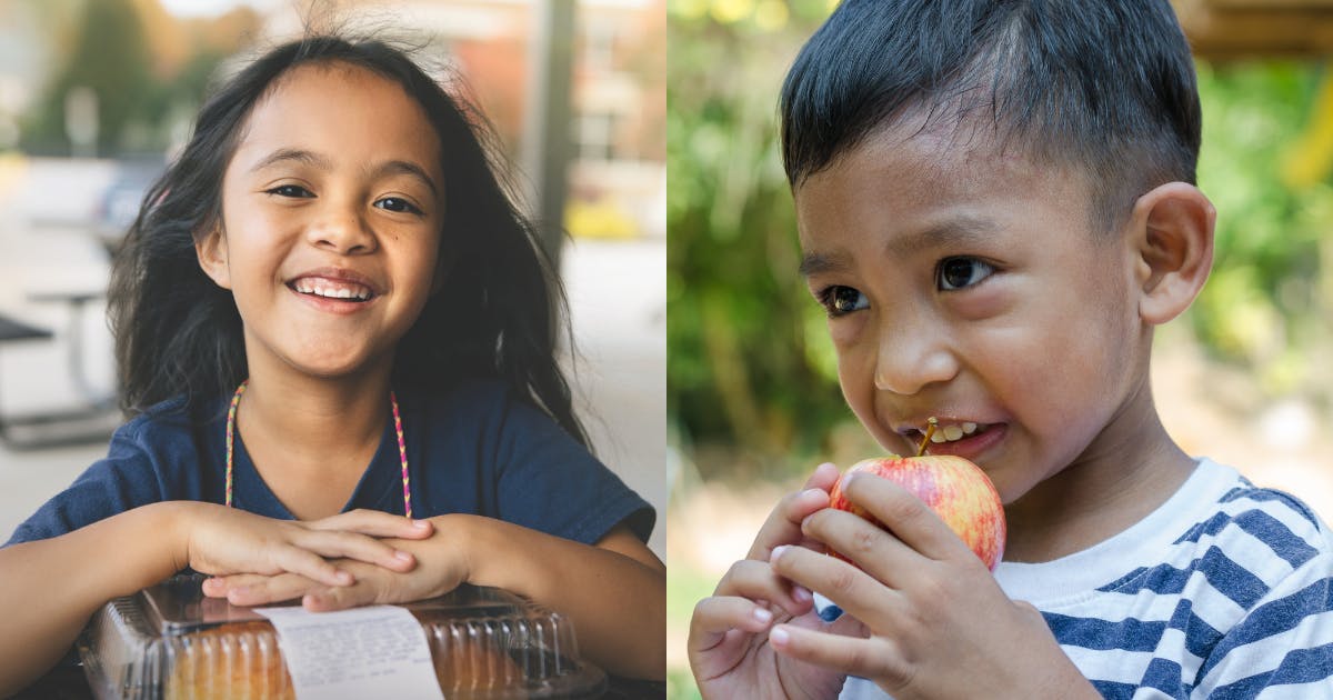 Two photos of children with food